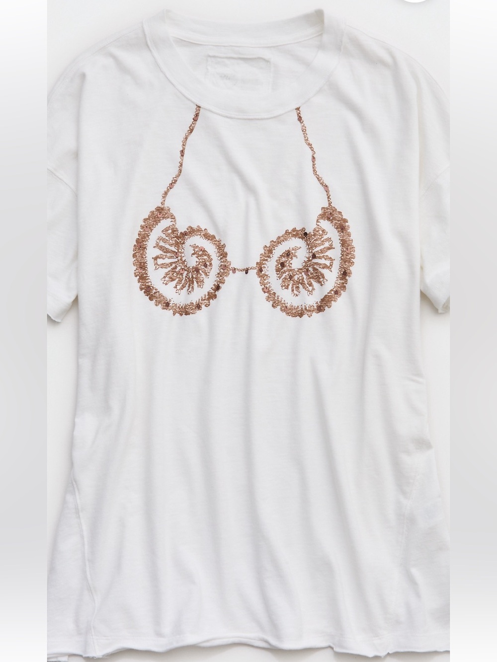 American Eagle Outfitters White Tee with Rose Gold Sequin Bra Motif
